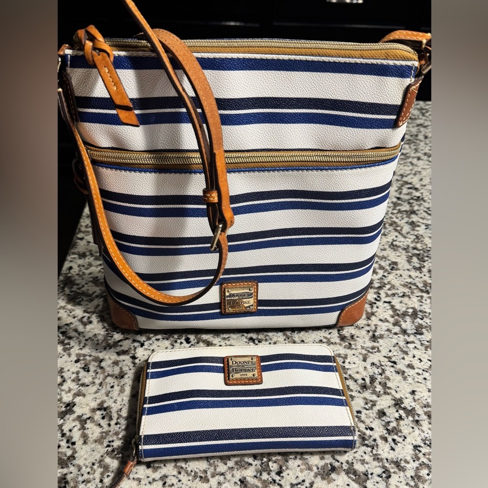 Dooney & Bourke Navy and White Striped Shoulder Bag and matching wallet